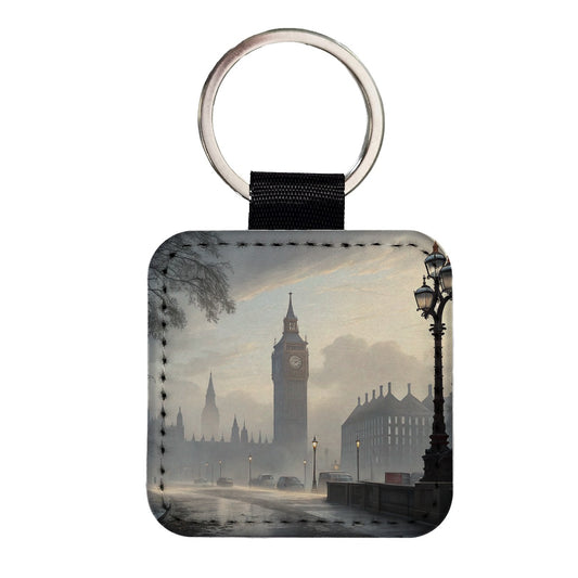 Foggy London England Cityscape Square Faux Leather Keychain