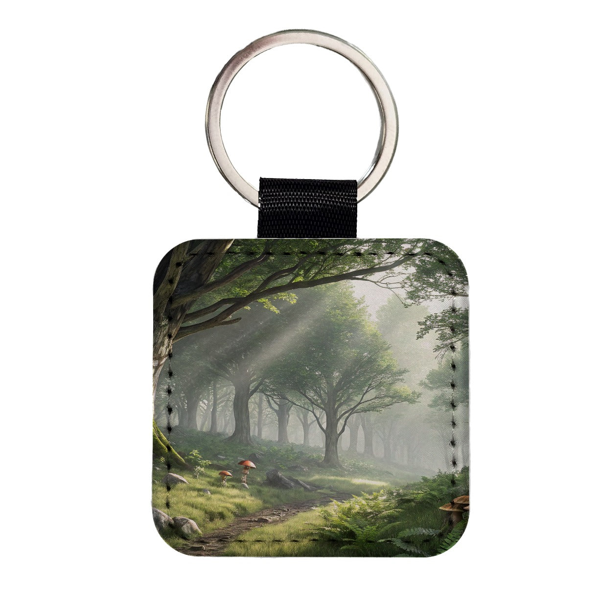 Foggy Woodland Forest Landscape Square Faux Leather Keychain