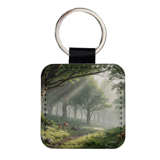 Foggy Woodland Forest Landscape Square Faux Leather Keychain