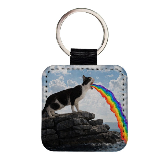 Funny Cat Rainbow Vomit Square Faux Leather Keychain