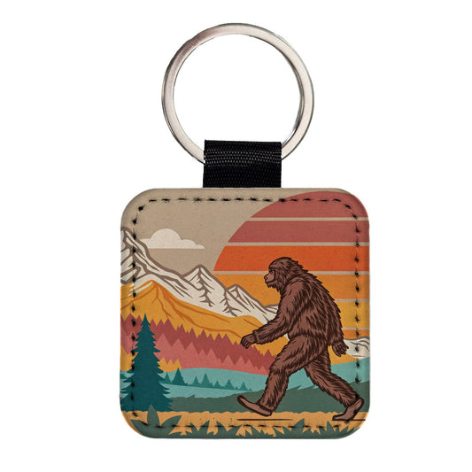 Funny Retro Sasquatch Bigfoot Walking Square Faux Leather Keychain