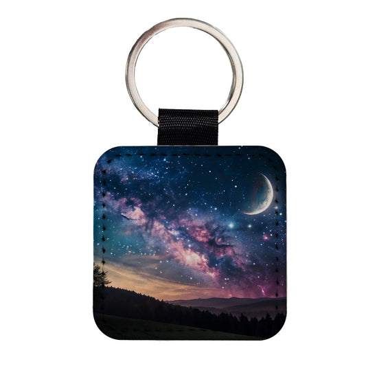Galaxy Night Sky Crescent Moon Square Faux Leather Keychain