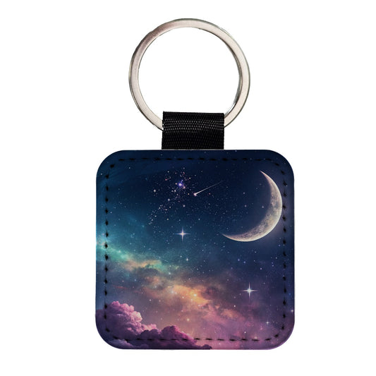 Galaxy Night Sky Moon Square Faux Leather Keychain