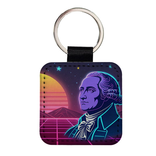 George Washington Synthwave Art Square Faux Leather Keychain