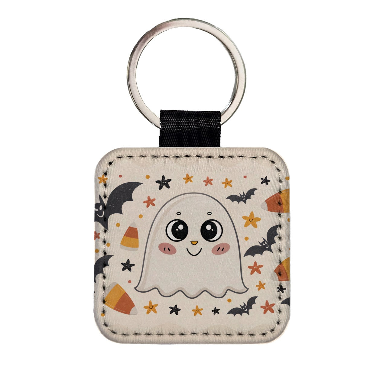 Halloween Ghost Candy Corn Pattern Square Faux Leather Keychain