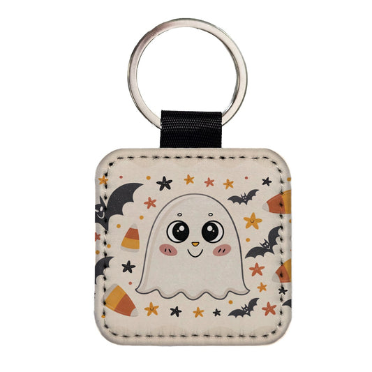Halloween Ghost Candy Corn Pattern Square Faux Leather Keychain