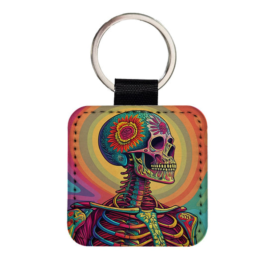 Halloween Psychedelic Skeleton Square Faux Leather Keychain