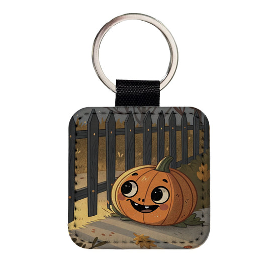 Halloween Pumpkin Jack O Lantern Fence Square Faux Leather Keychain