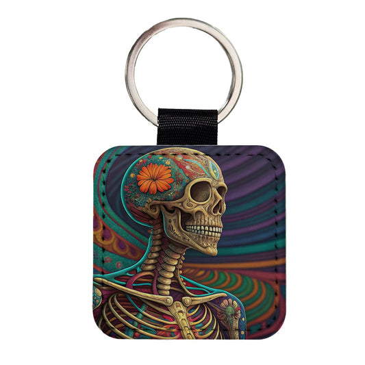 Halloween Rainbow Skeleton Psychedelic Square Faux Leather Keychain