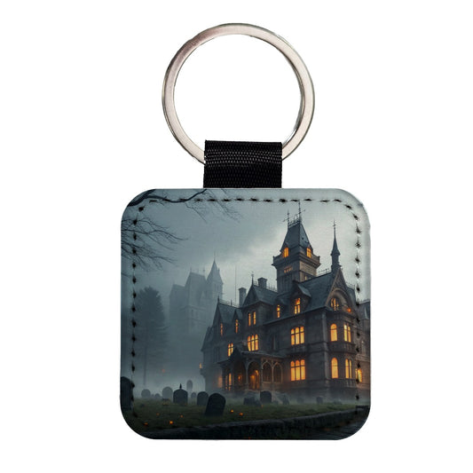 Haunted Victorian Mansion Halloween Square Faux Leather Keychain