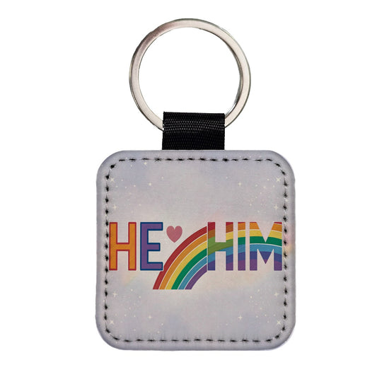 He Him Pride Love Square Faux Leather Keychain