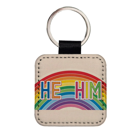 He Him Rainbow Love Pride Square Faux Leather Keychain
