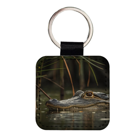 Hidden Alligator Nature Photo Square Faux Leather Keychain