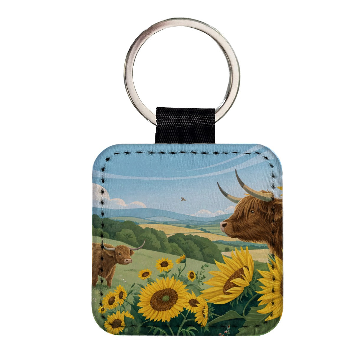 Highland Cows Sunflowers Field Square Faux Leather Keychain
