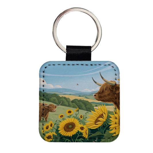 Highland Cows Sunflowers Field Square Faux Leather Keychain