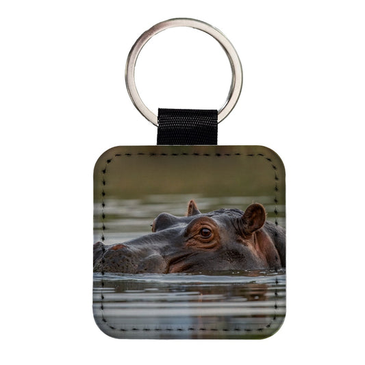 Hippo River Safari Wildlife Africa Square Faux Leather Keychain