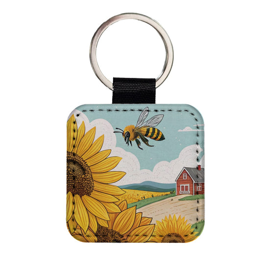 Honeybee Sunflower Farm Square Faux Leather Keychain