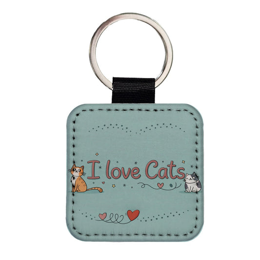 I Love Cats Adorable Square Faux Leather Keychain