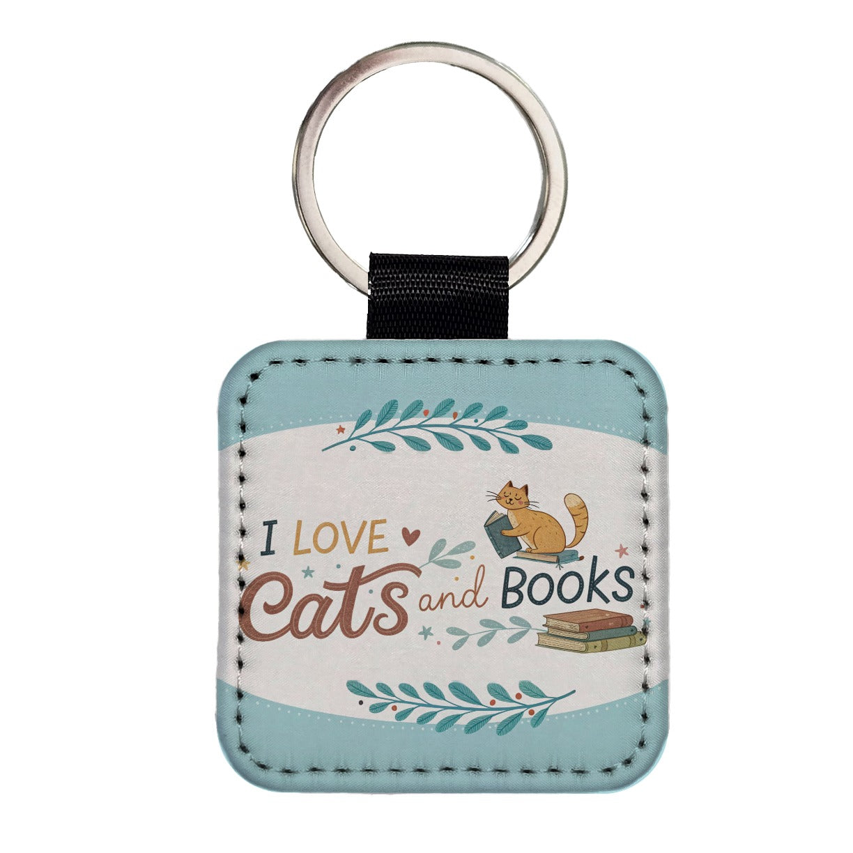 I Love Cats Books Reader Square Faux Leather Keychain