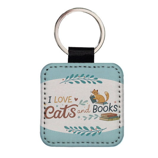 I Love Cats Books Reader Square Faux Leather Keychain