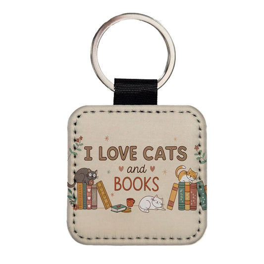 I Love Cats Books Sweet Square Faux Leather Keychain