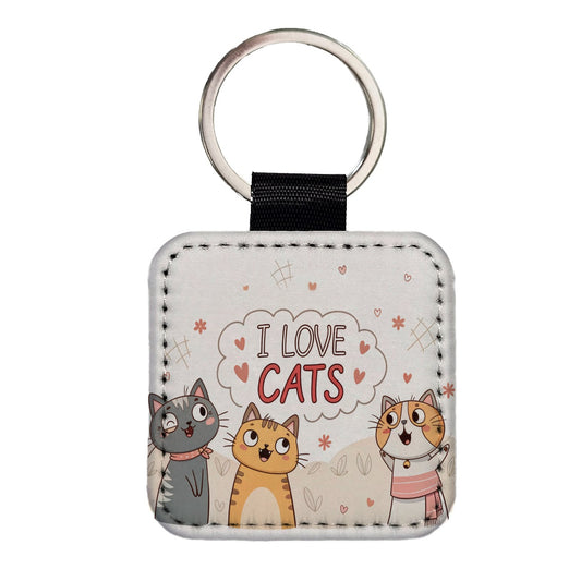 I Love Cats Cute Square Faux Leather Keychain