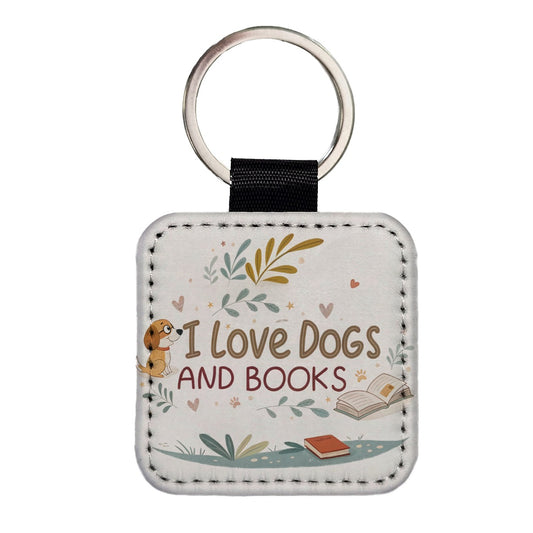I Love Dogs Books Reading Square Faux Leather Keychain