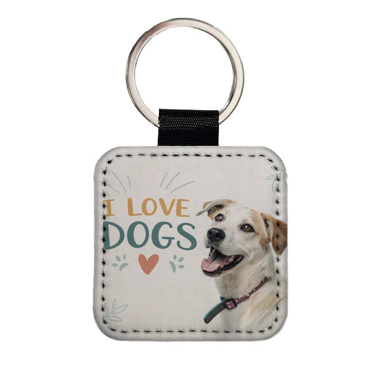 I Love Dogs Heart Square Faux Leather Keychain