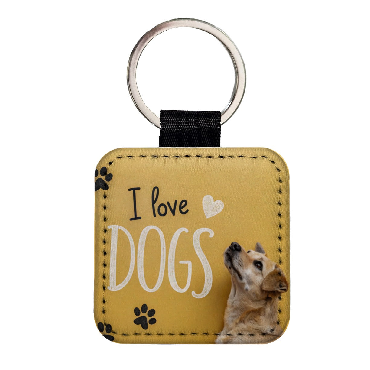 I Love Dogs Paw Prints Square Faux Leather Keychain
