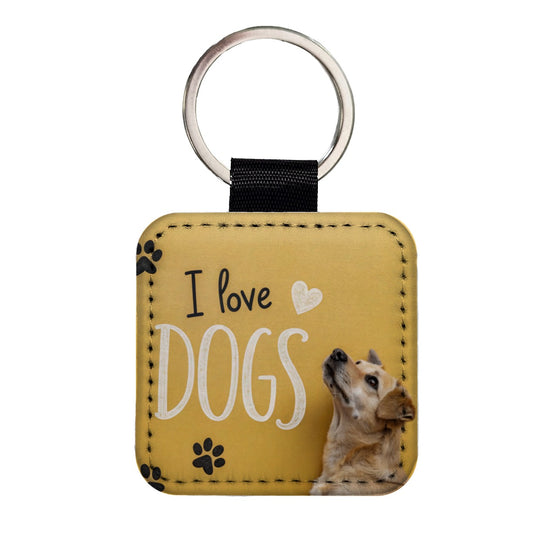 I Love Dogs Paw Prints Square Faux Leather Keychain