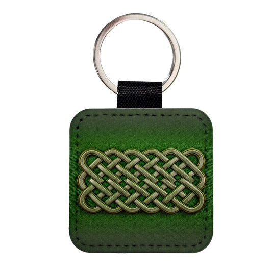 Irish Celtic Knot Green Square Faux Leather Keychain