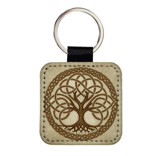 Irish Celtic Knot Heritage Tree of Life Square Faux Leather Keychain