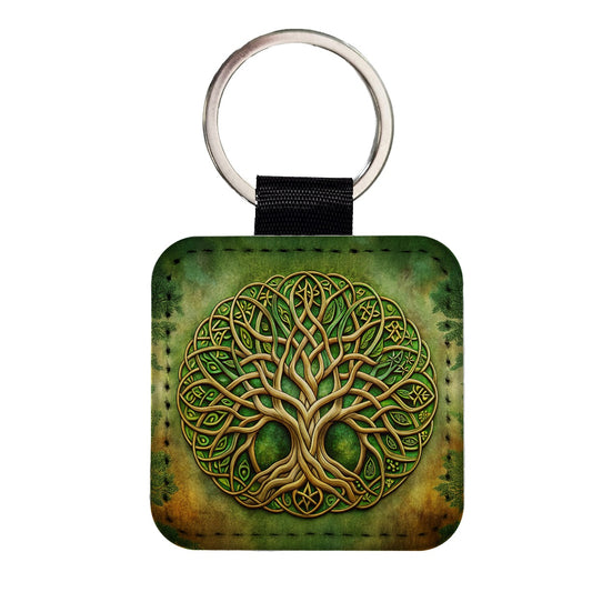 Irish Celtic Tree of Life Emblem Square Faux Leather Keychain