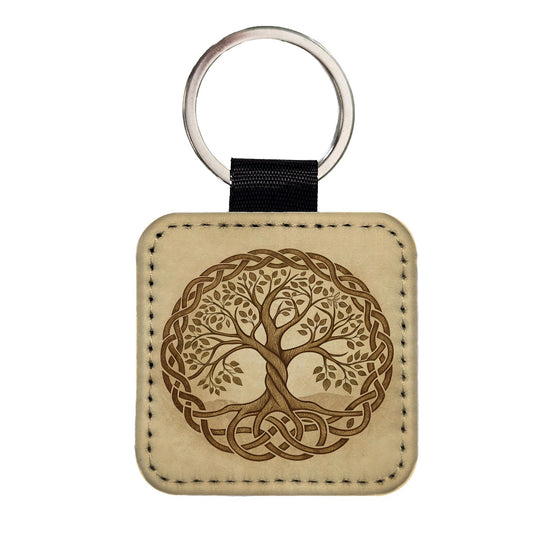 Irish Celtic Tree of Life Square Faux Leather Keychain