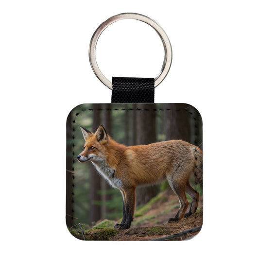 Japanese Fox Forest Square Faux Leather Keychain