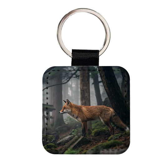 Japanese Fox Woodland Square Faux Leather Keychain
