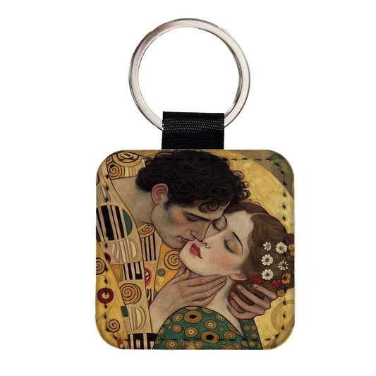 Klimt The Kiss Inspired Square Faux Leather Keychain