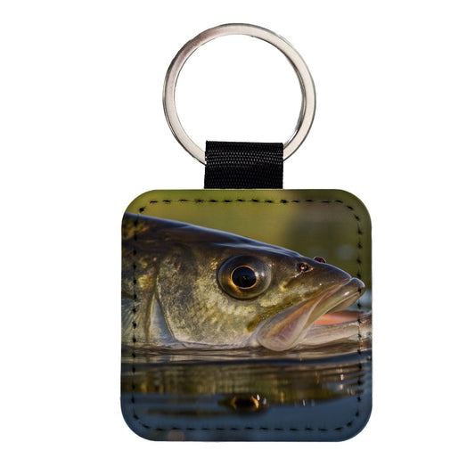 Largemouth Bass Fishing Wildlife Square Faux Leather Keychain