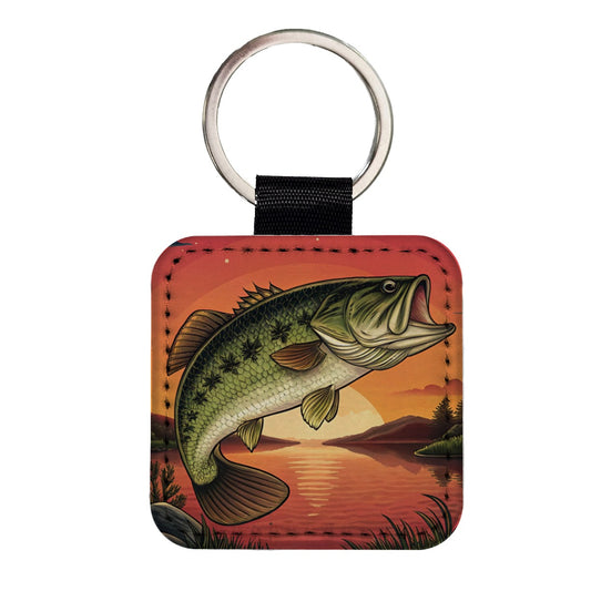 Largemouth Bass Trophy Fishing Sunset Square Faux Leather Keychain
