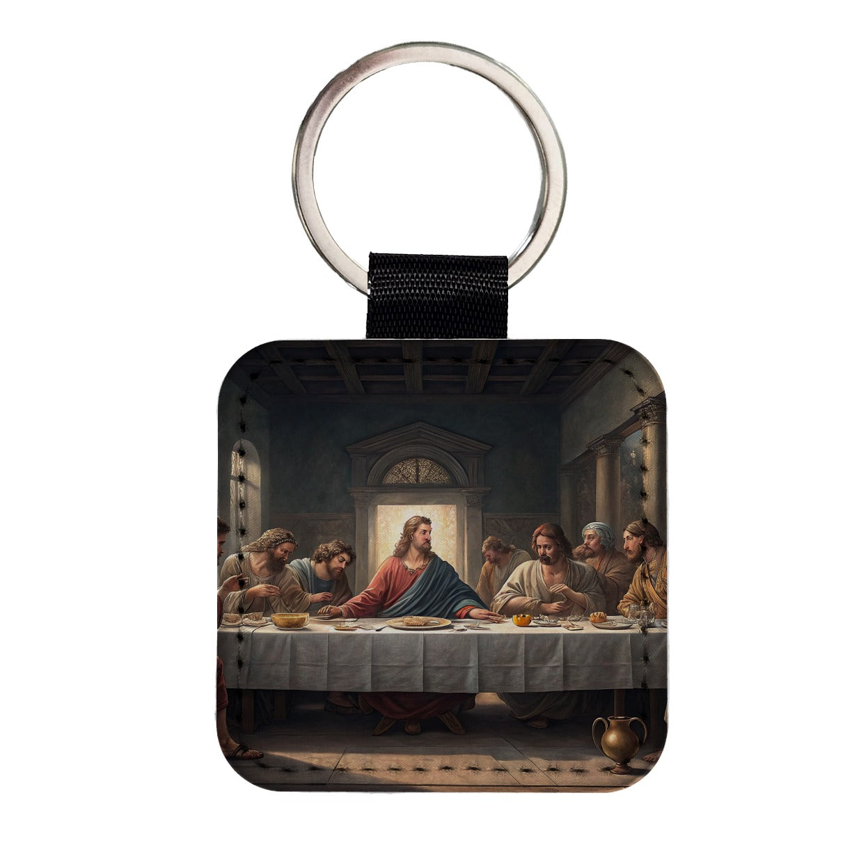 Last Supper Da Vinci Inspired Square Faux Leather Keychain