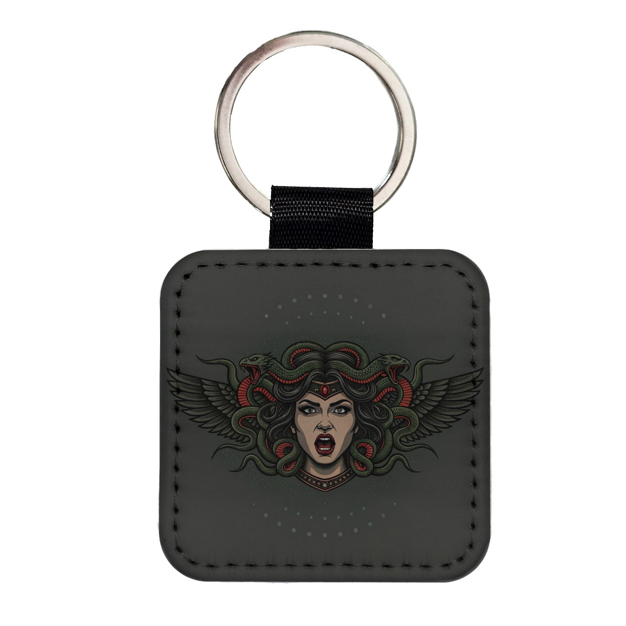 Medusa Gorgon Snake Tattoo Style Square Faux Leather Keychain