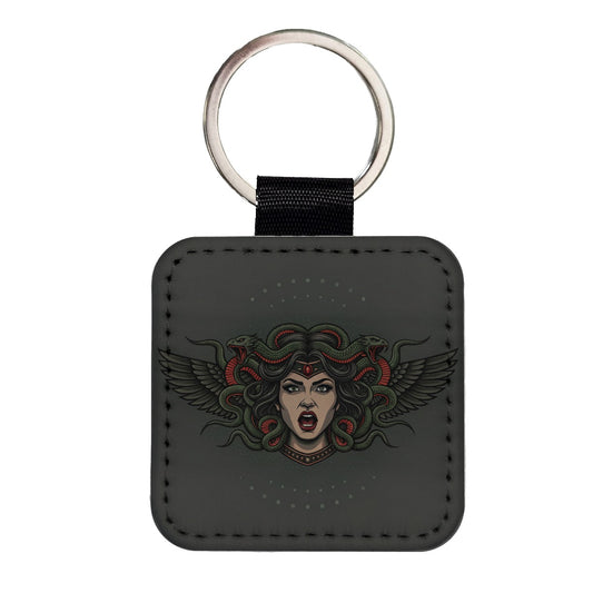 Medusa Gorgon Snake Tattoo Style Square Faux Leather Keychain