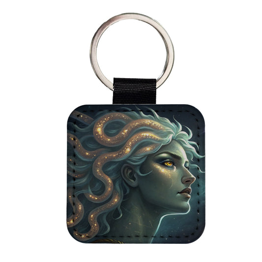 Medusa Greek Mythology Square Faux Leather Keychain