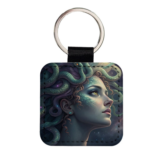 Medusa Moon Goddess Square Faux Leather Keychain