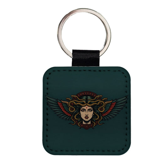 Medusa Mythological Snake Queen Square Faux Leather Keychain