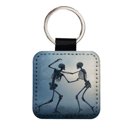 Misty Dancing Skeleton Couple Square Faux Leather Keychain