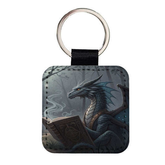 Misty Dragon Reading Book Square Faux Leather Keychain