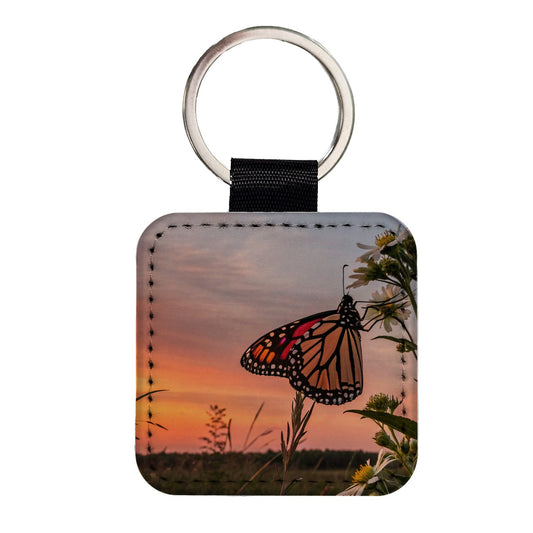 Monarch Butterfly At Sunset Square Faux Leather Keychain