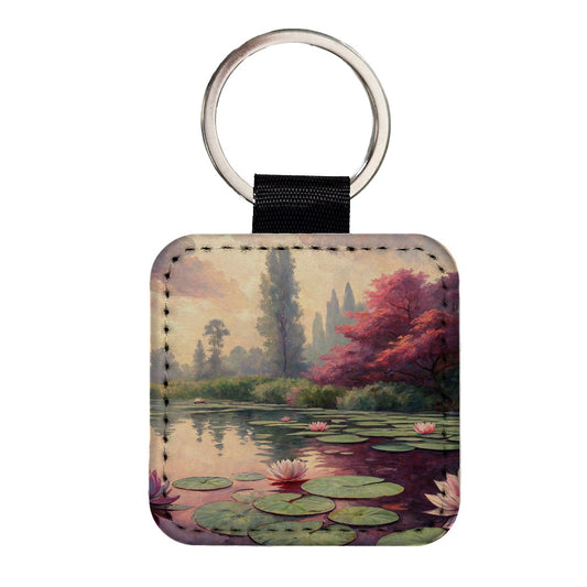 Monet Inspired Water Lilies Square Faux Leather Keychain