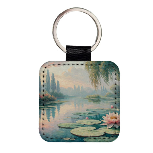 Monet Style Water Lilies Square Faux Leather Keychain